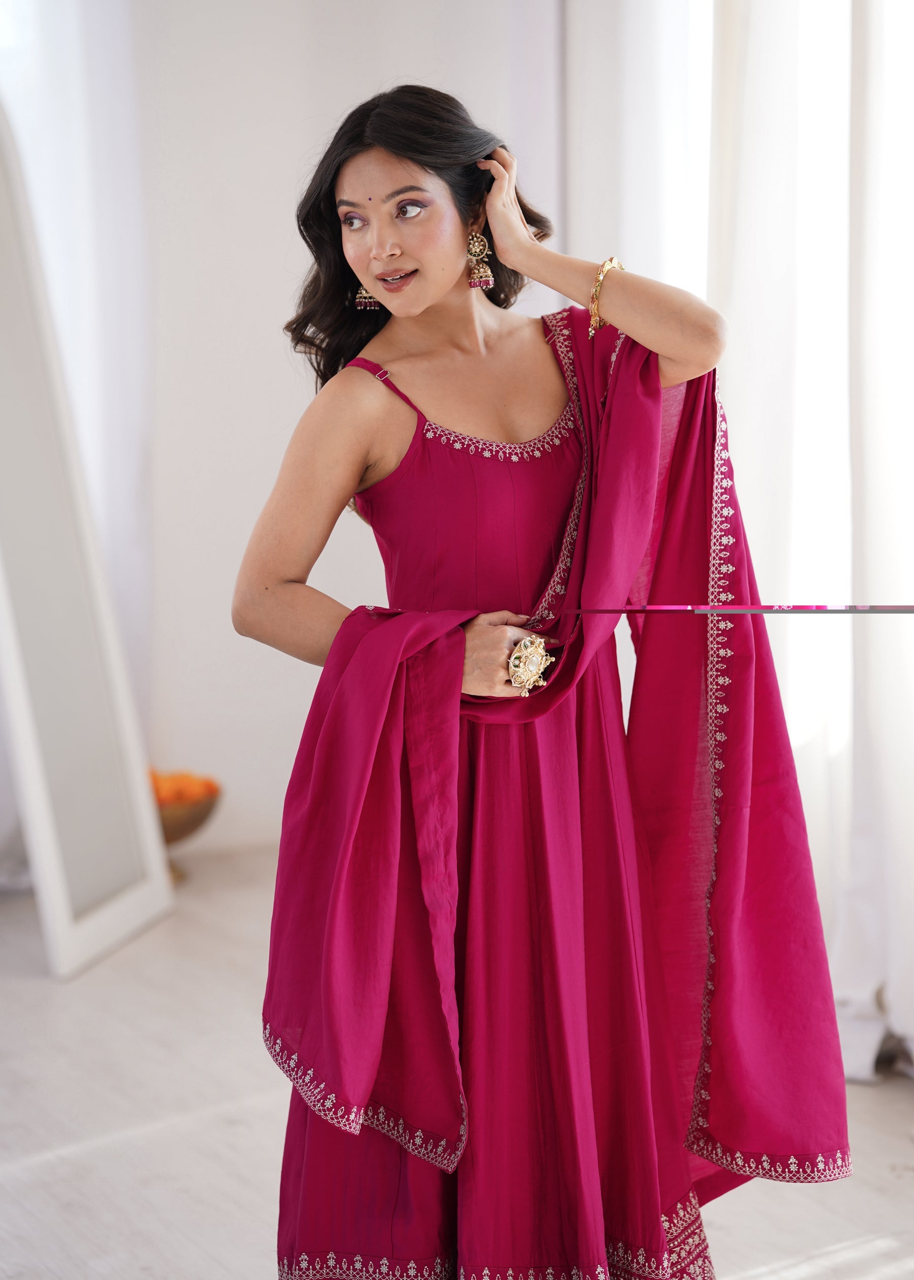 Lorenvalley Fashion Ranipink Roman Silk Chanderi Embroidery Thread Work Lace Anarkali Gown Pant with Dupatta | Grocsy