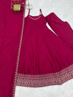 Lorenvalley Fashion Rani Pink Roman Silk Chanderi Embroidery Thread Work Lace Anarkali Gown Pant with Dupatta | Grocsy