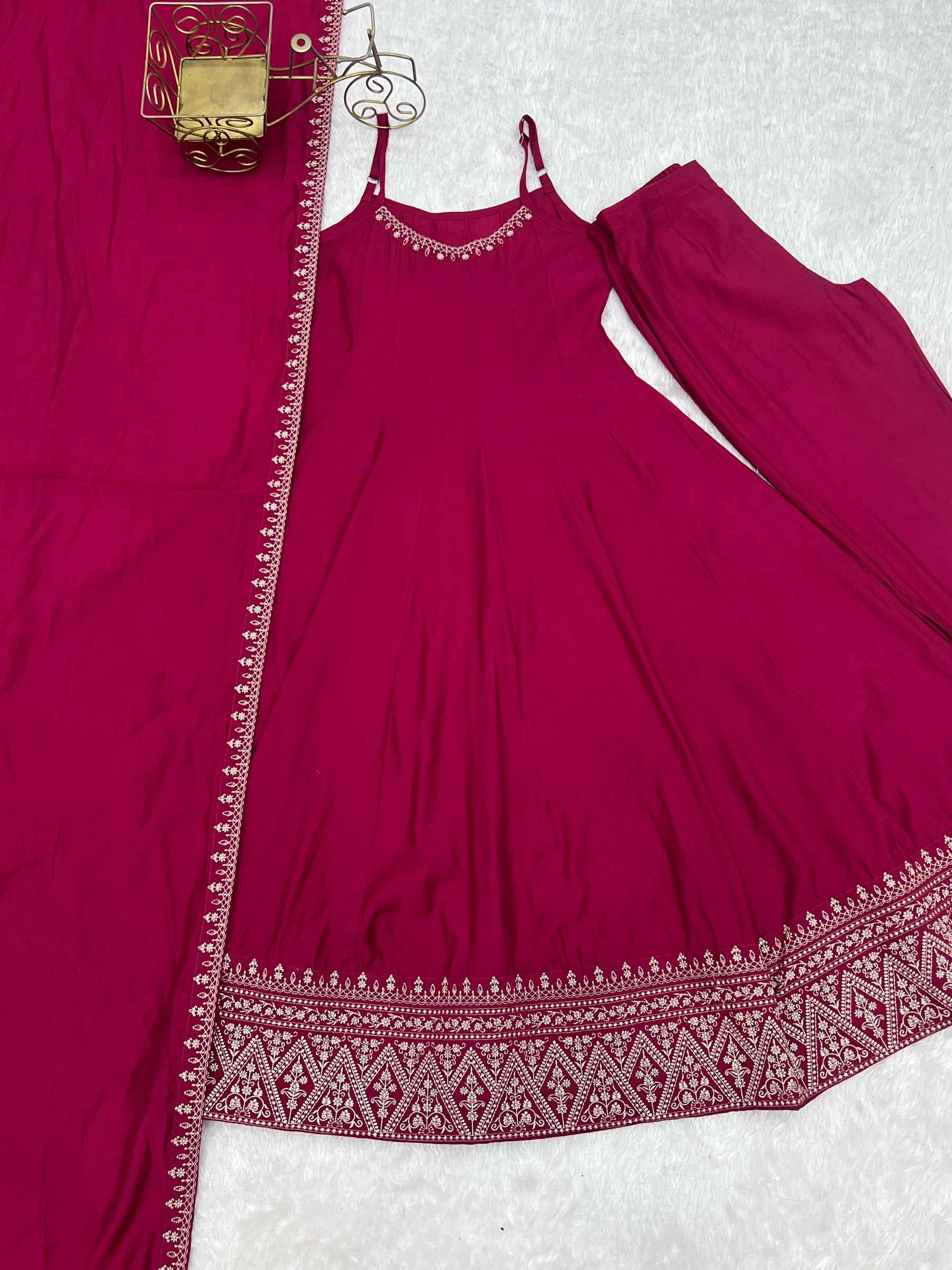 Lorenvalley Fashion Rani Pink Roman Silk Chanderi Embroidery Thread Work Lace Anarkali Gown Pant with Dupatta | Grocsy