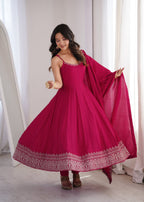 Lorenvalley Fashion Ranipink Roman Silk Chanderi Embroidery Thread Work Lace Anarkali Gown Pant with Dupatta | Grocsy