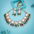 Tehzeeb Creations Gold-Polished Kundan Green & Maroon Colour Necklace With Earrings | Grocsy