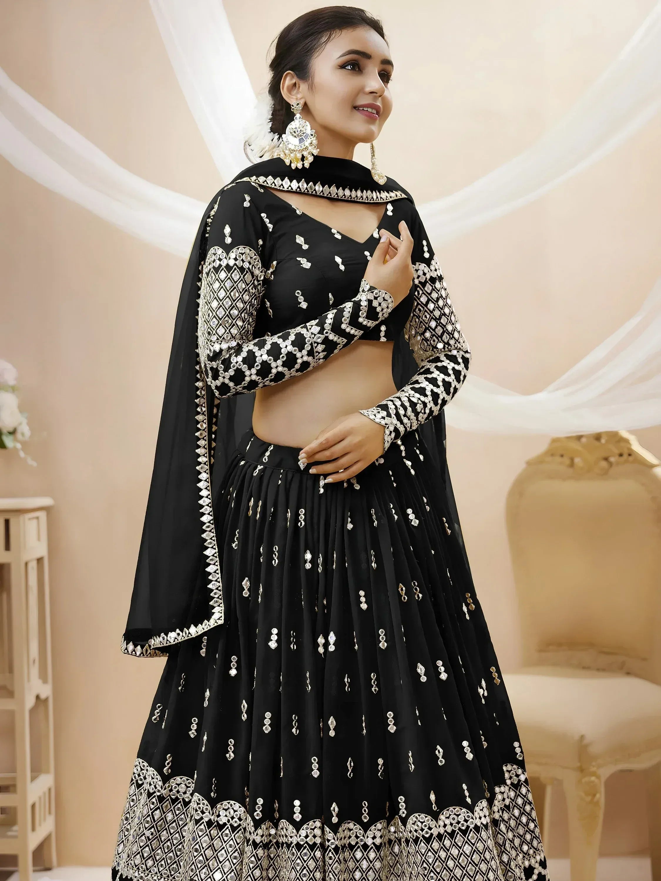 Tulsi Art Seductive Black Zari Work Georgette Reception Wear Lehenga Choli | Grocsy