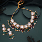 Tehzeeb Creations Gold-Polished Kundan Green & Maroon Colour Necklace With Earrings | Grocsy