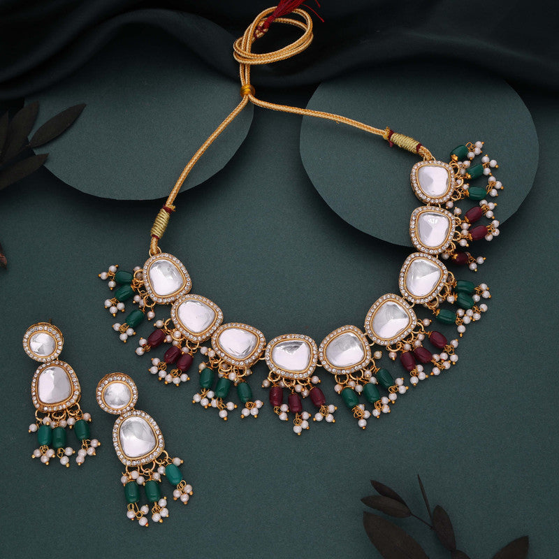 Tehzeeb Creations Gold-Polished Kundan Green & Maroon Colour Necklace With Earrings | Grocsy