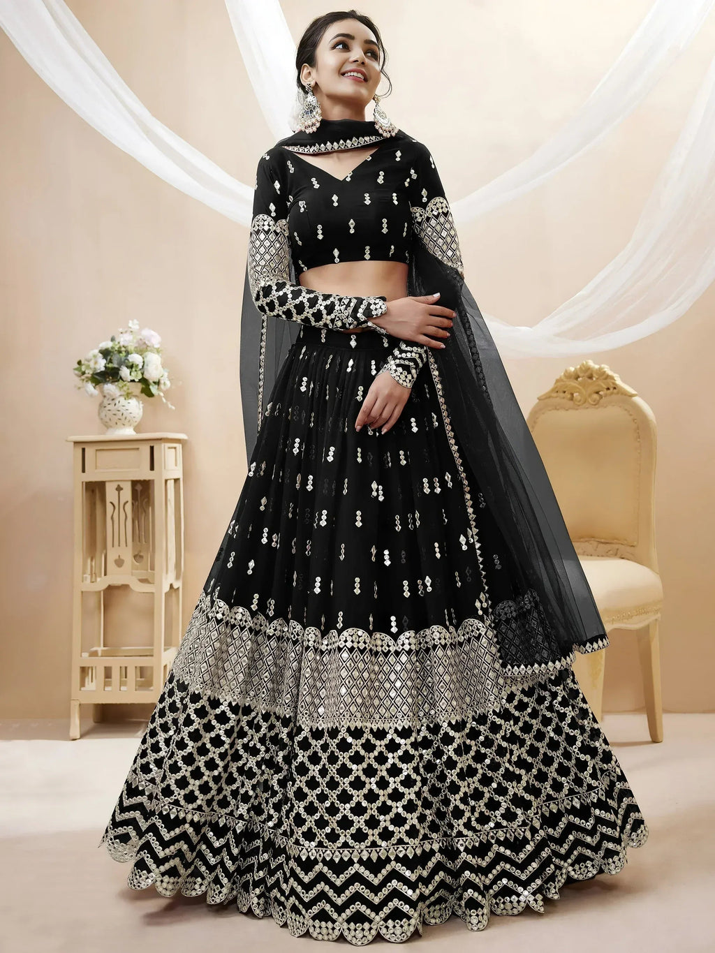 Tulsi Art Seductive Black Zari Work Georgette Reception Wear Lehenga Choli | Grocsy