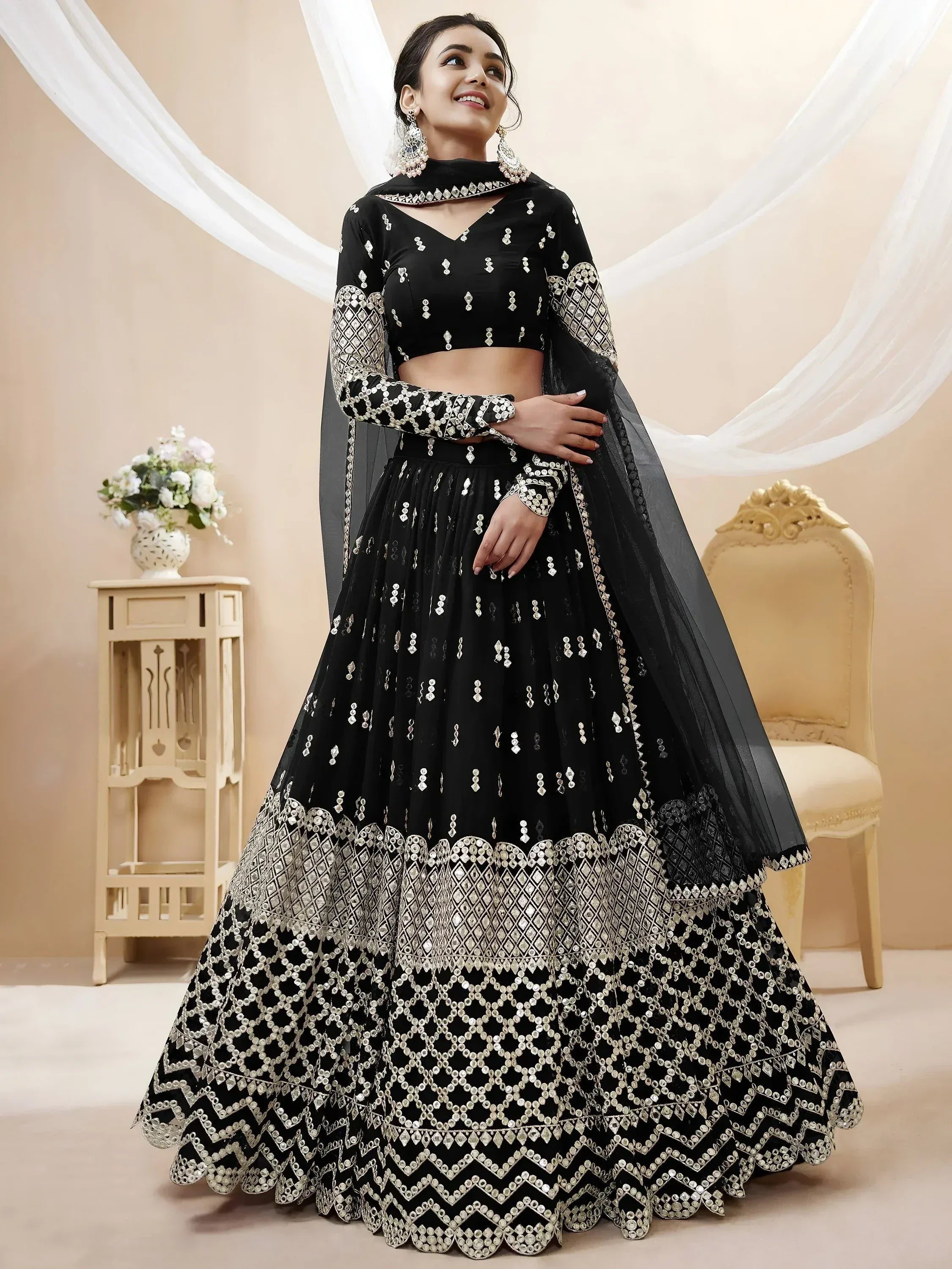 Tulsi Art Seductive Black Zari Work Georgette Reception Wear Lehenga Choli | Grocsy