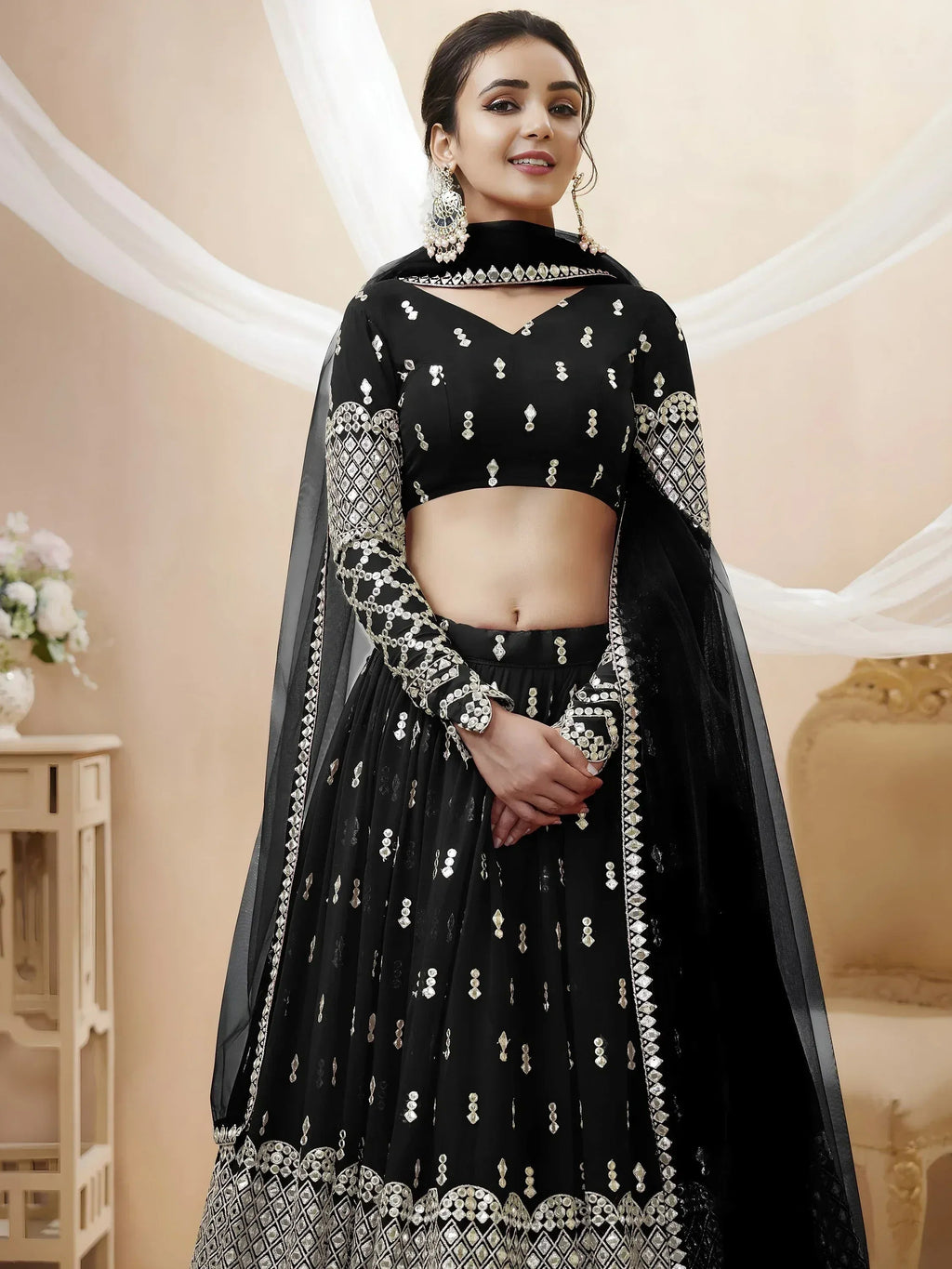 Tulsi Art Seductive Black Zari Work Georgette Reception Wear Lehenga Choli | Grocsy