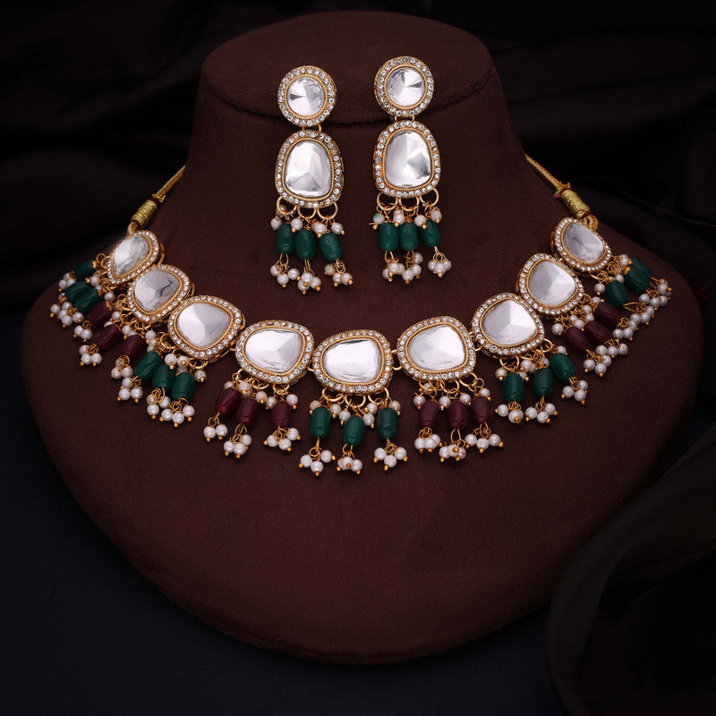 Tehzeeb Creations Gold-Polished Kundan Green & Maroon Colour Necklace With Earrings | Grocsy