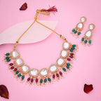 Tehzeeb Creations Gold-Polished Kundan Green & Maroon Colour Necklace With Earrings | Grocsy