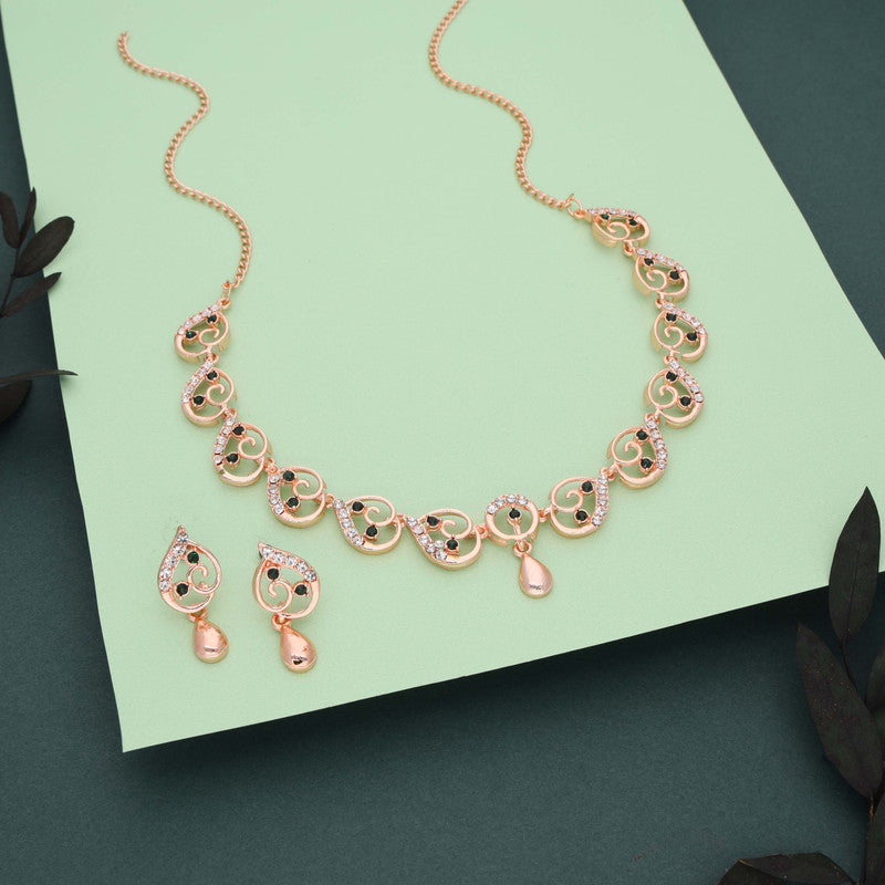 Tehzeeb Creations Brass Rose Gold-Polished Green Colour Necklace With Earrings | Grocsy