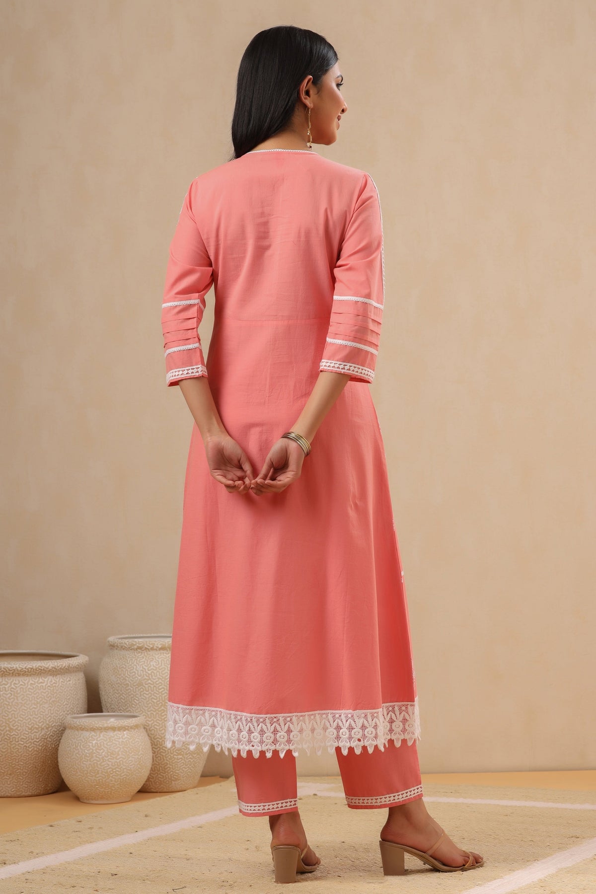 Juniper Pink Pure Cotton Lacy Kurta & Pants With Thread Embroidery | Grocsy