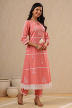 Juniper Pink Pure Cotton Lacy Kurta & Pants With Thread Embroidery | Grocsy