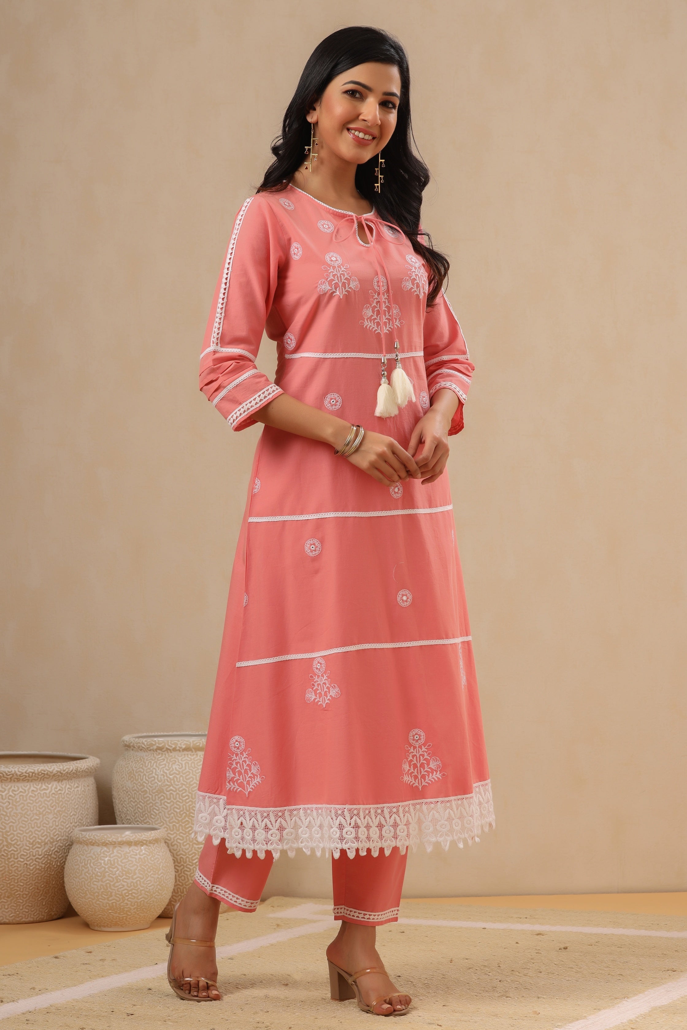 Juniper Pink Pure Cotton Lacy Kurta & Pants With Thread Embroidery | Grocsy