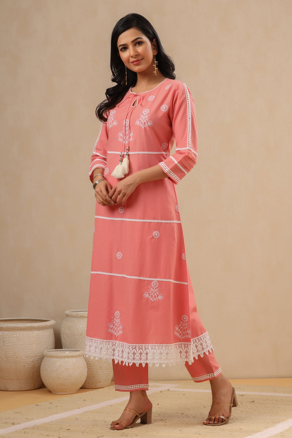 Juniper Pink Pure Cotton Lacy Kurta & Pants With Thread Embroidery | Grocsy