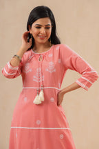 Juniper Pink Pure Cotton Lacy Kurta & Pants With Thread Embroidery | Grocsy