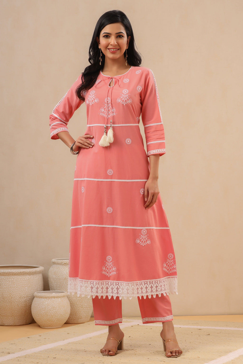 Juniper Pink Pure Cotton Lacy Kurta & Pants With Thread Embroidery | Grocsy