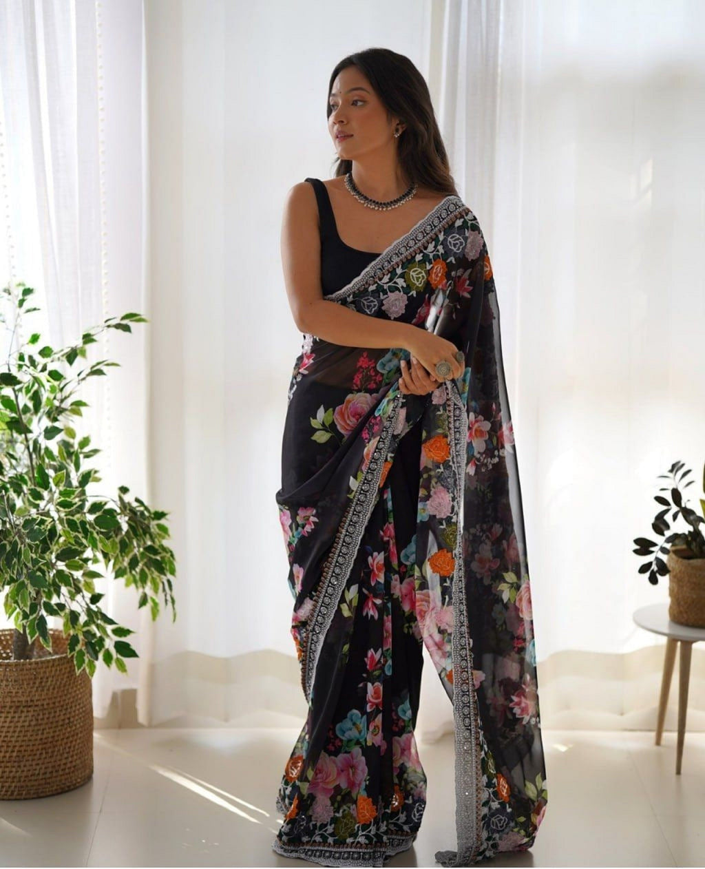Teeya Creation Black Color Georgette Embroidery Work With Digital Print Saree | Grocsy