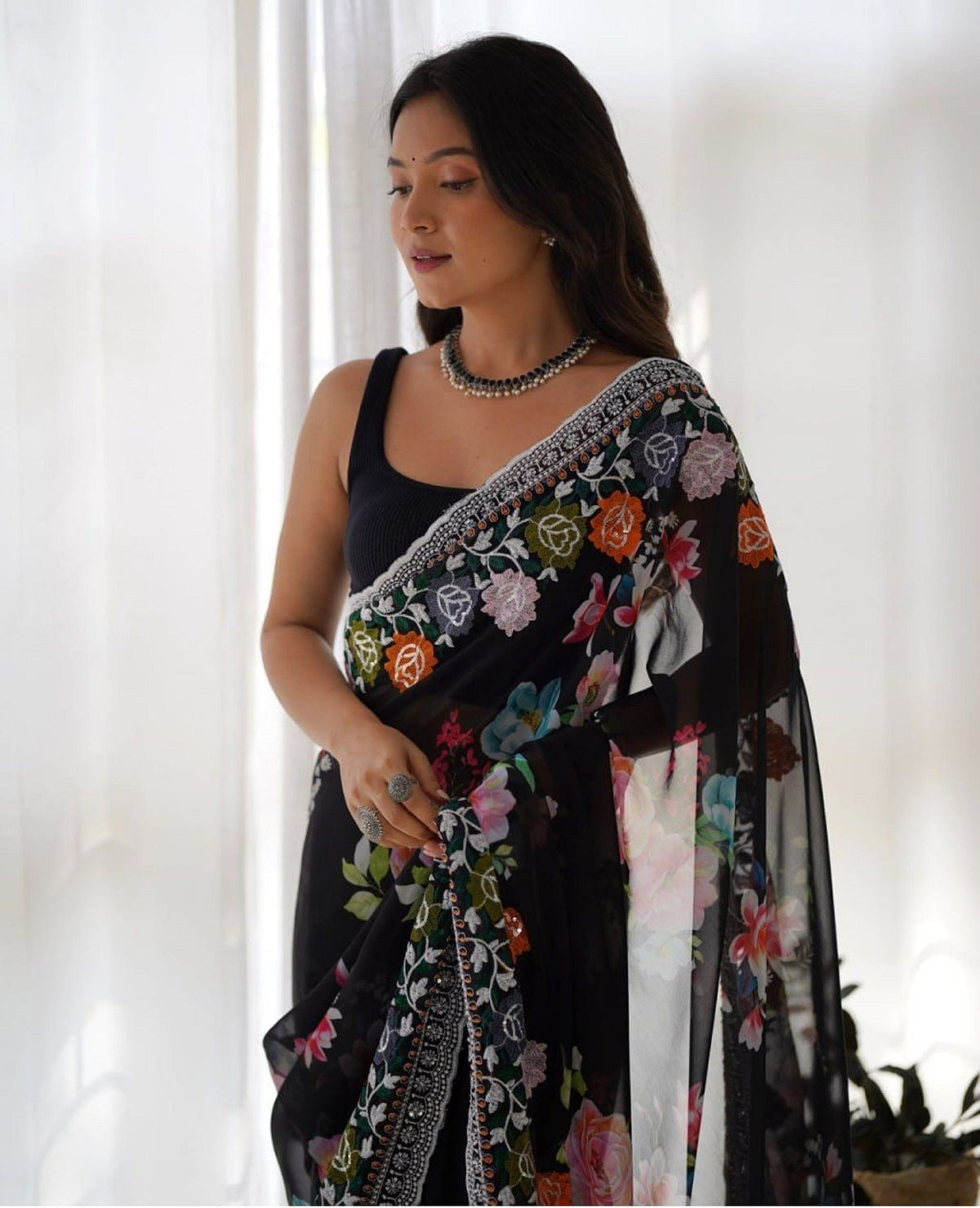 Teeya Creation Black Color Georgette Embroidery Work With Digital Print Saree | Grocsy