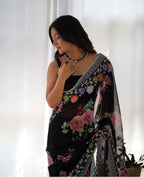 Teeya Creation Black Color Georgette Embroidery Work With Digital Print Saree | Grocsy