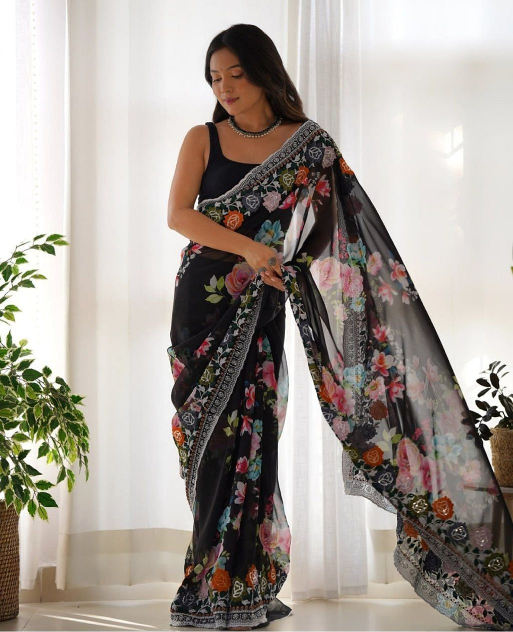 Teeya Creation Black Color Georgette Embroidery Work With Digital Print Saree | Grocsy