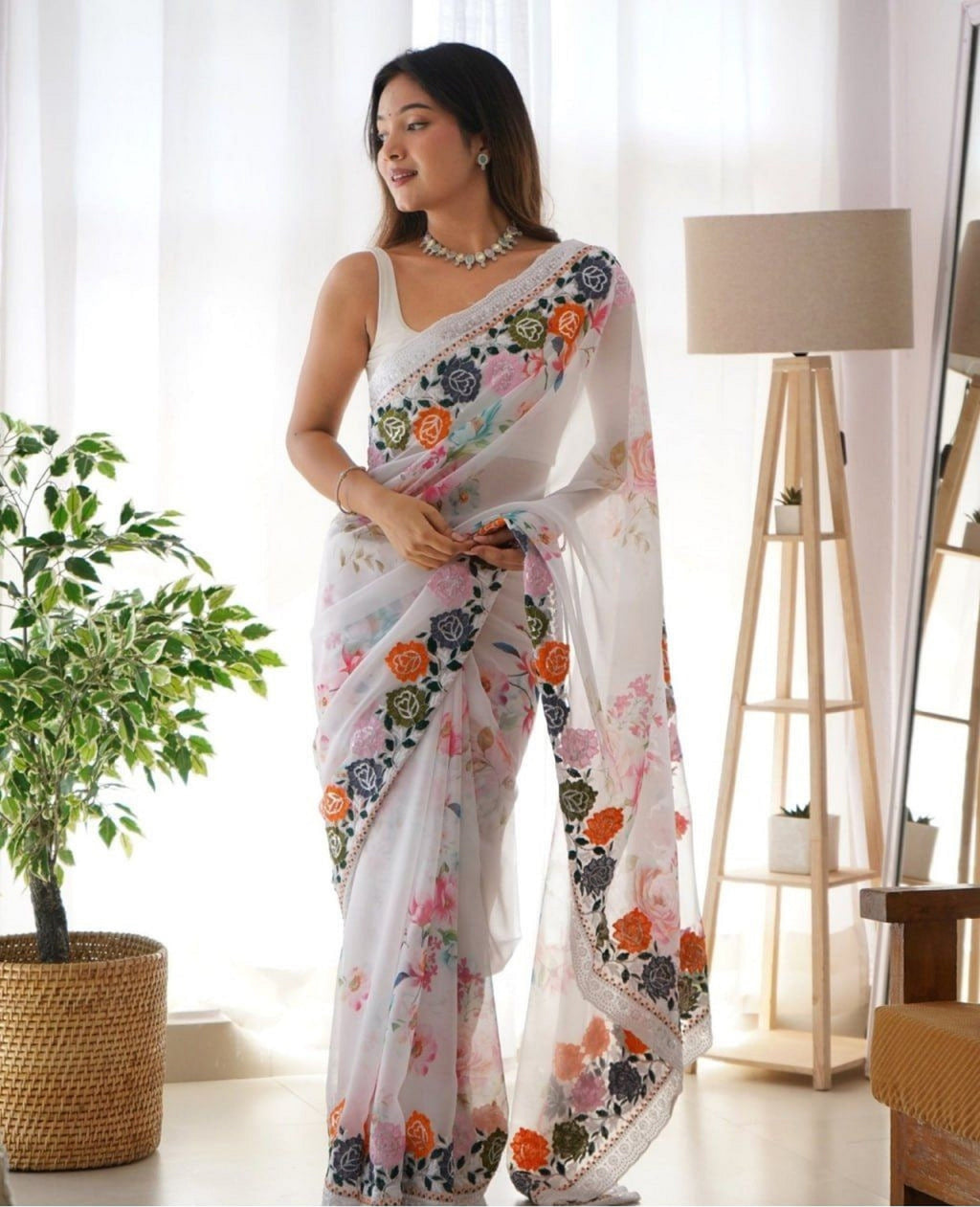 Teeya Creation Black Color Georgette Embroidery Work With Digital Print Saree | Grocsy