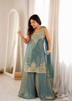 Lorenvalley Fashion Sea Green Fendy Silk with Embroidery Sequence Dori and Jari Work Kurta Sharara with Dupatta | Grocsy