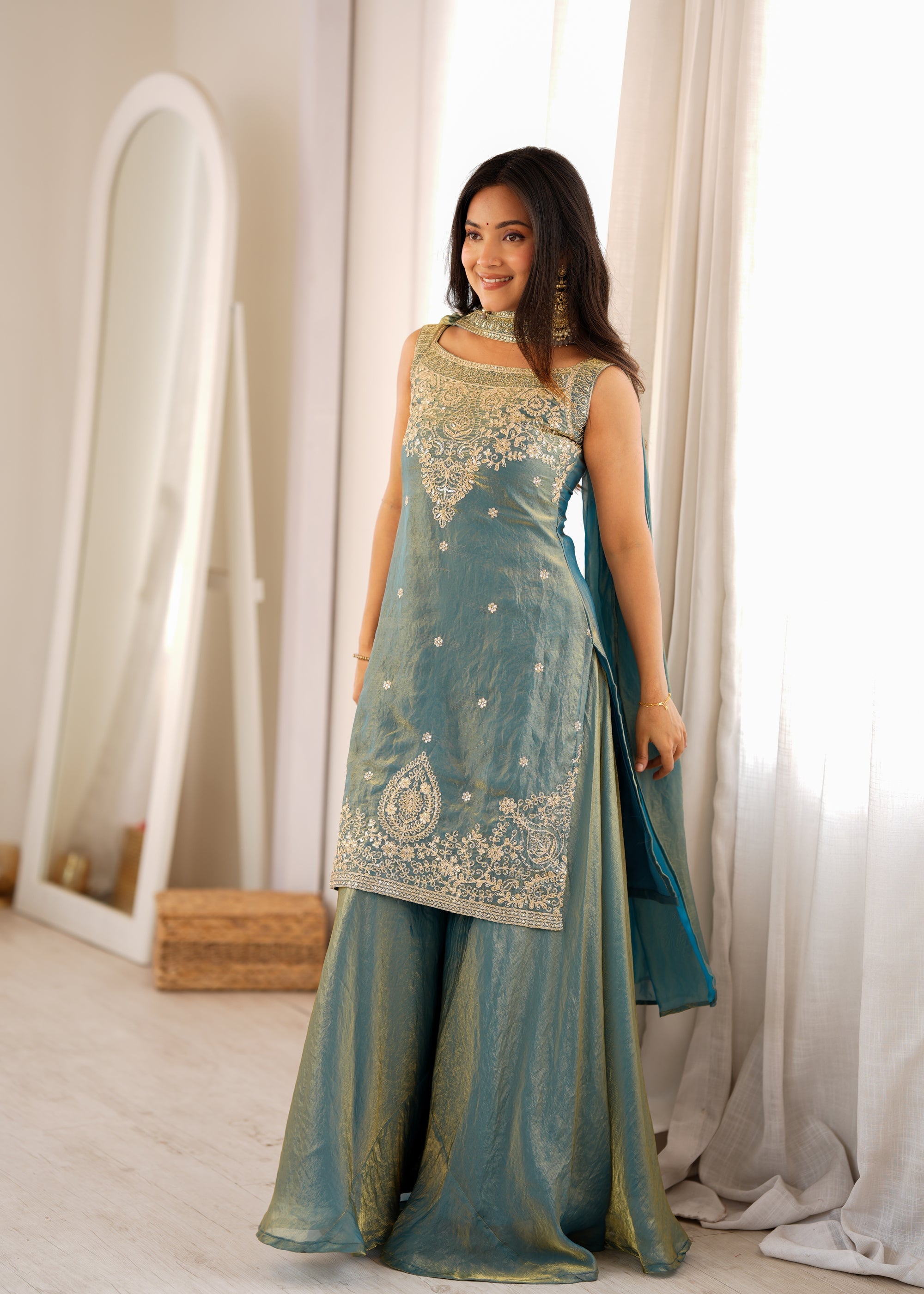 Lorenvalley Fashion Sea Green Fendy Silk with Embroidery Sequence Dori and Jari Work Kurta Sharara with Dupatta | Grocsy