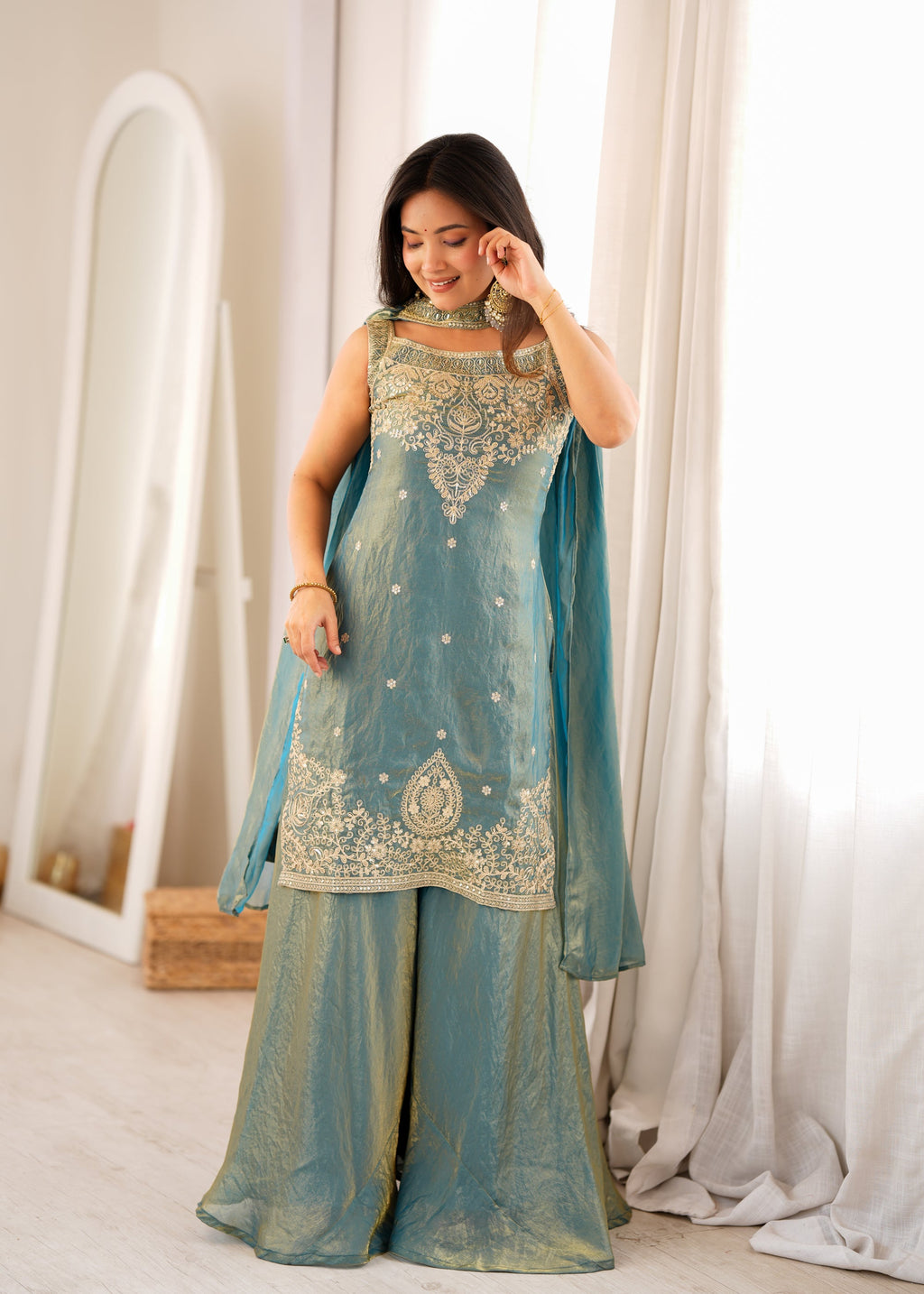 Lorenvalley Fashion Sea Green Fendy Silk with Embroidery Sequence Dori and Jari Work Kurta Sharara with Dupatta | Grocsy