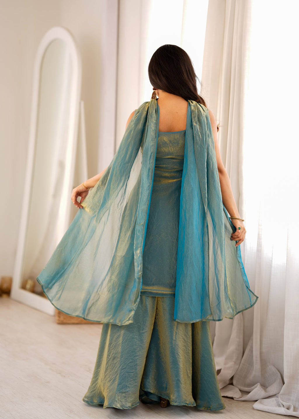 Lorenvalley Fashion Sea Green Fendy Silk with Embroidery Sequence Dori and Jari Work Kurta Sharara with Dupatta | Grocsy