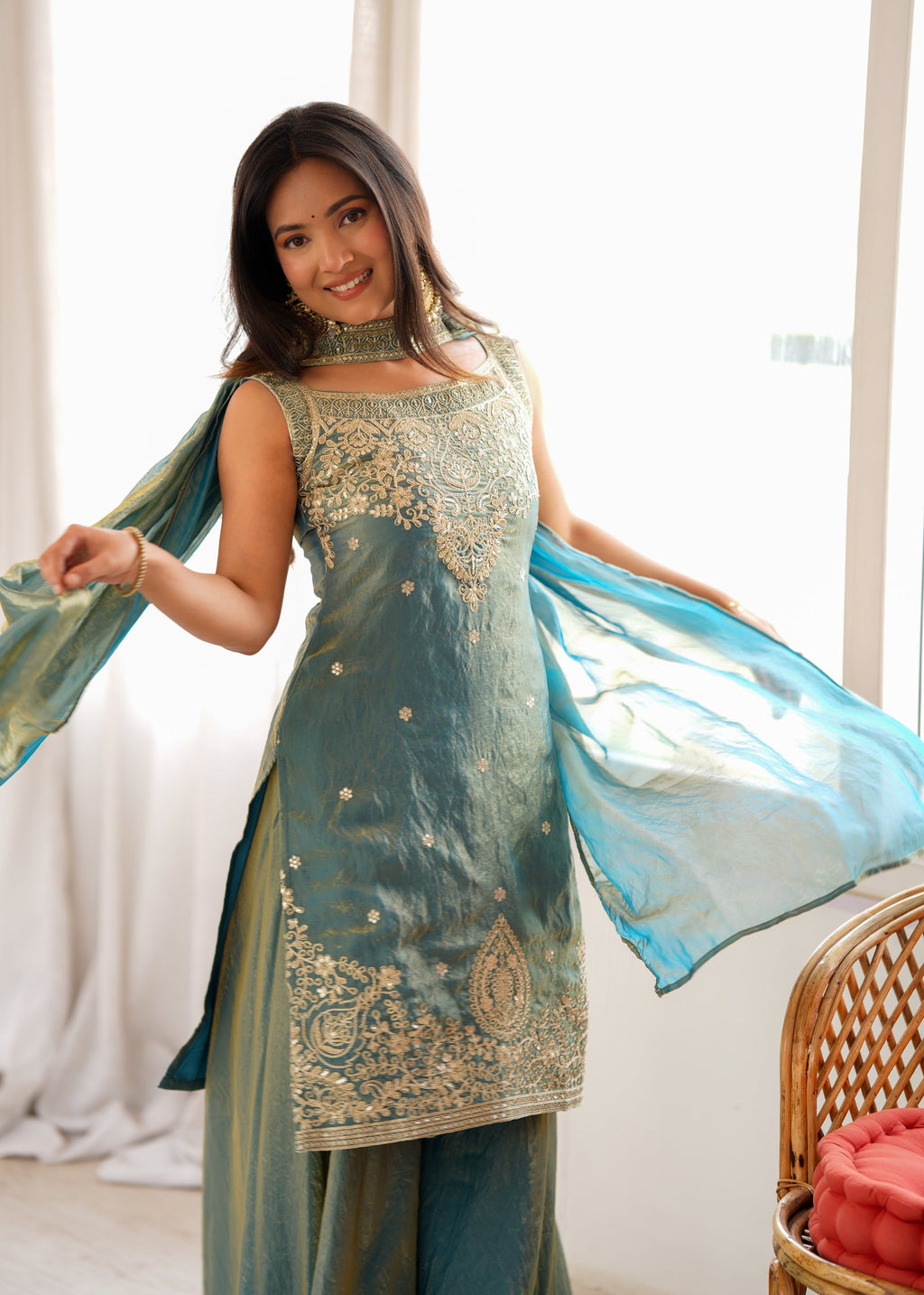 Lorenvalley Fashion Sea Green Fendy Silk with Embroidery Sequence Dori and Jari Work Kurta Sharara with Dupatta | Grocsy