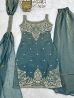 Lorenvalley Fashion Sea Green Fendy Silk with Embroidery Sequence Dori and Jari Work Kurta Sharara with Dupatta | Grocsy