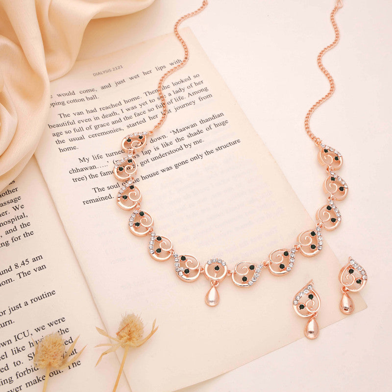 Tehzeeb Creations Brass Rose Gold-Polished Green Colour Necklace With Earrings | Grocsy
