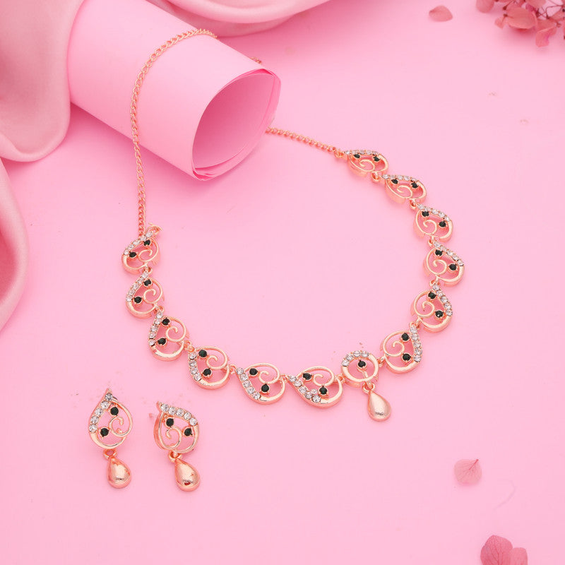 Tehzeeb Creations Brass Rose Gold-Polished Green Colour Necklace With Earrings | Grocsy