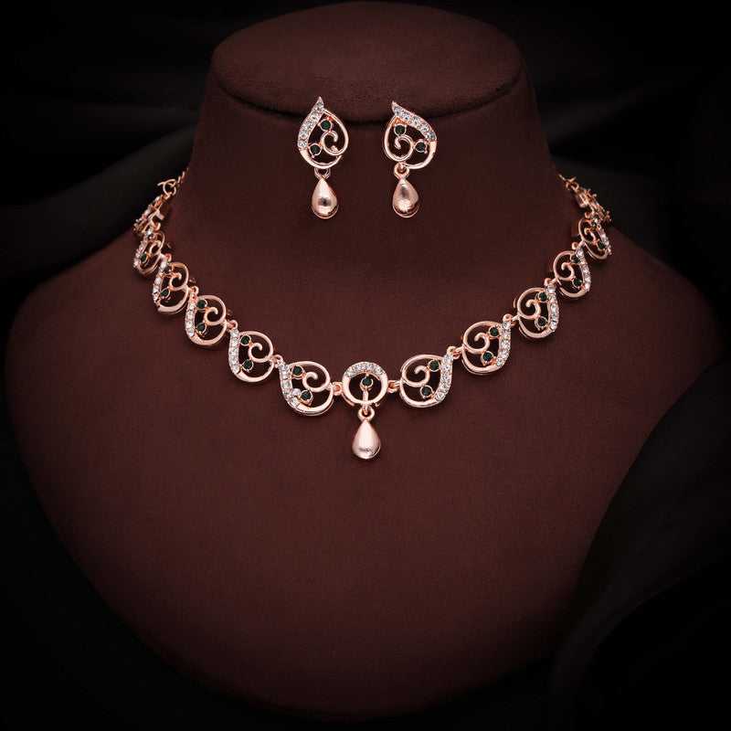 Tehzeeb Creations Brass Rose Gold-Polished Green Colour Necklace With Earrings | Grocsy