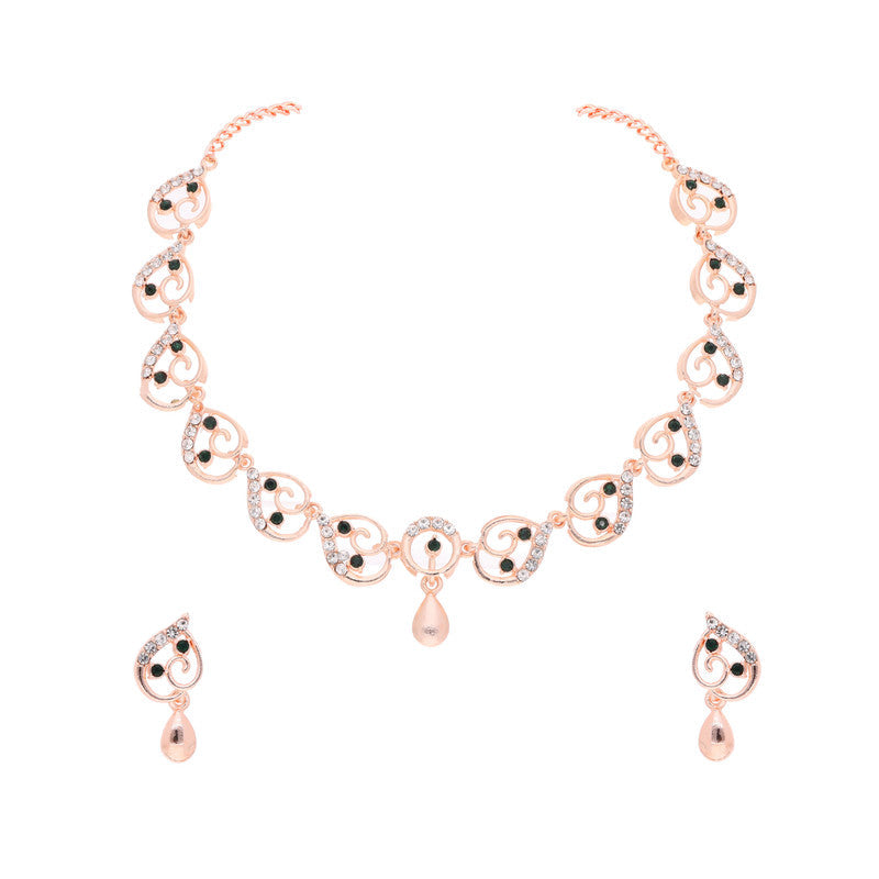 Tehzeeb Creations Brass Rose Gold-Polished Green Colour Necklace With Earrings | Grocsy