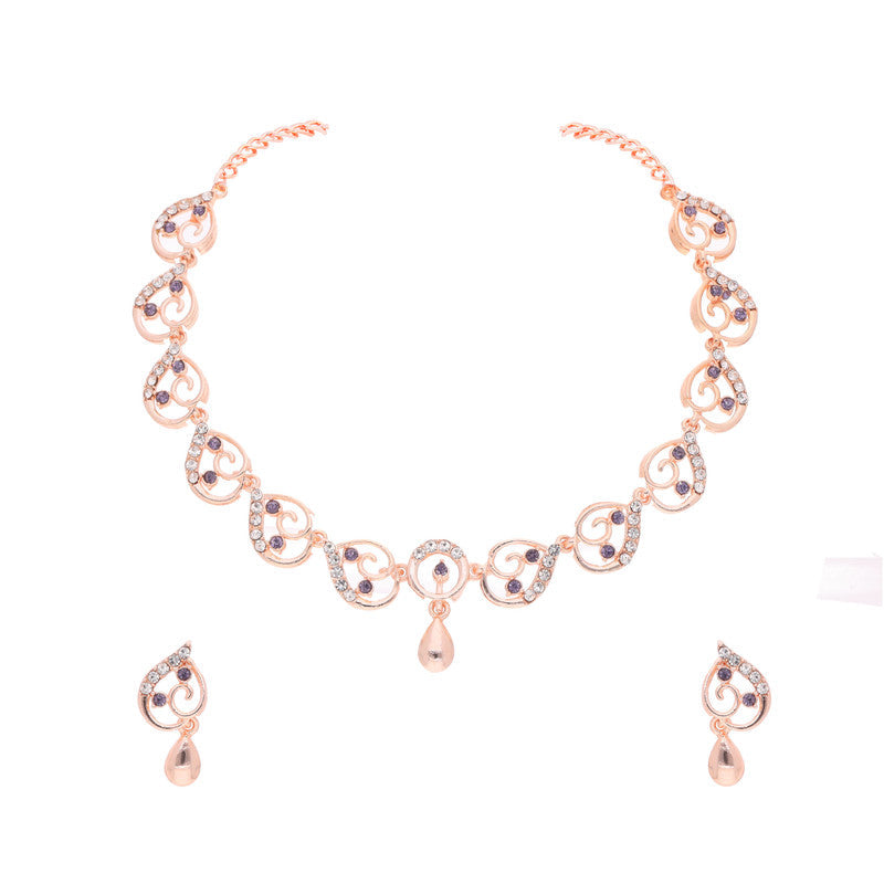 Tehzeeb Creations Brass Rose Gold-Polished Lavender Colour Necklace With Earrings | Grocsy