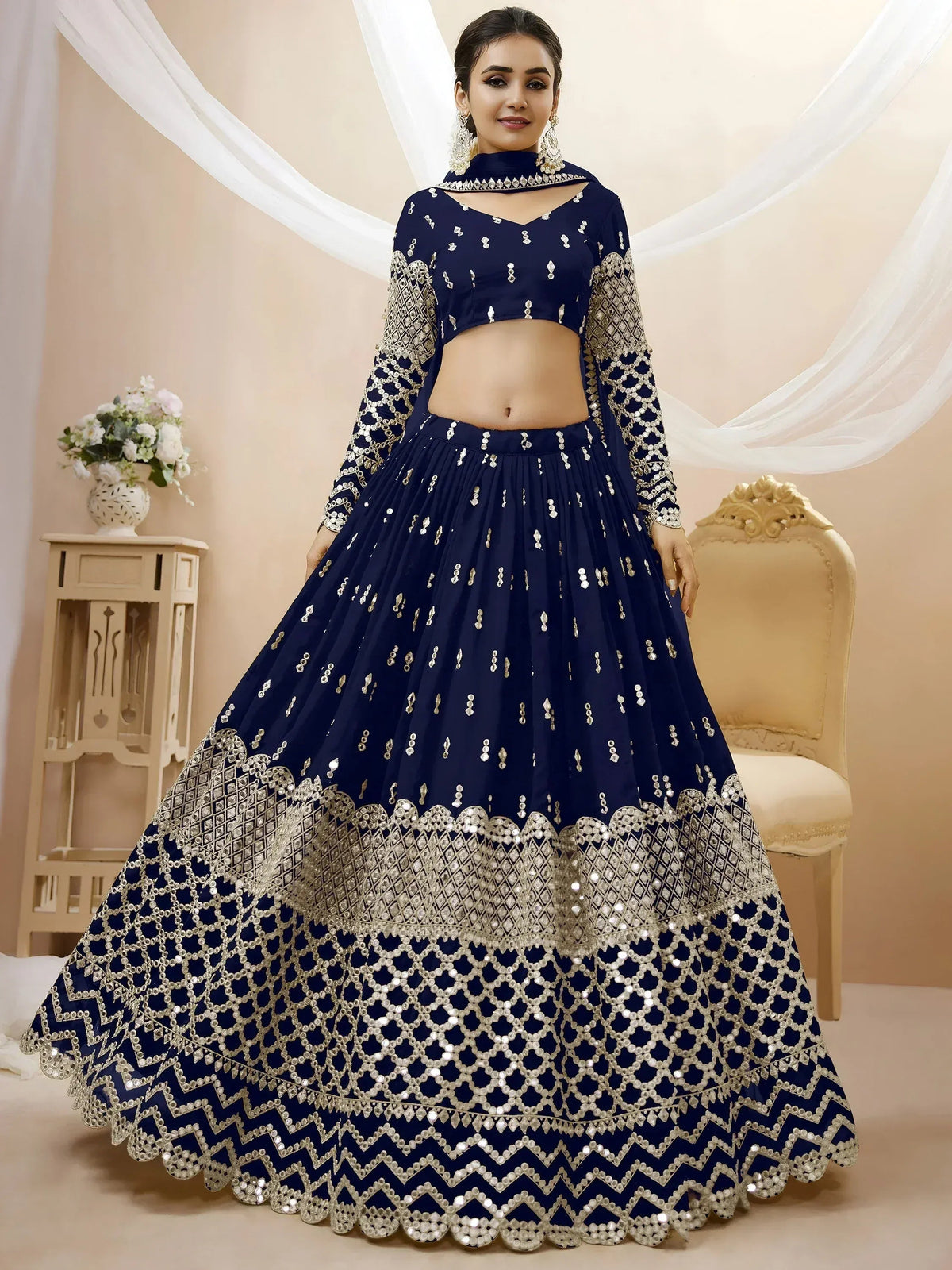 Tulsi Art Appealing Navy Blue Sequin Georgette Reception Wear Lehenga Choli | Grocsy