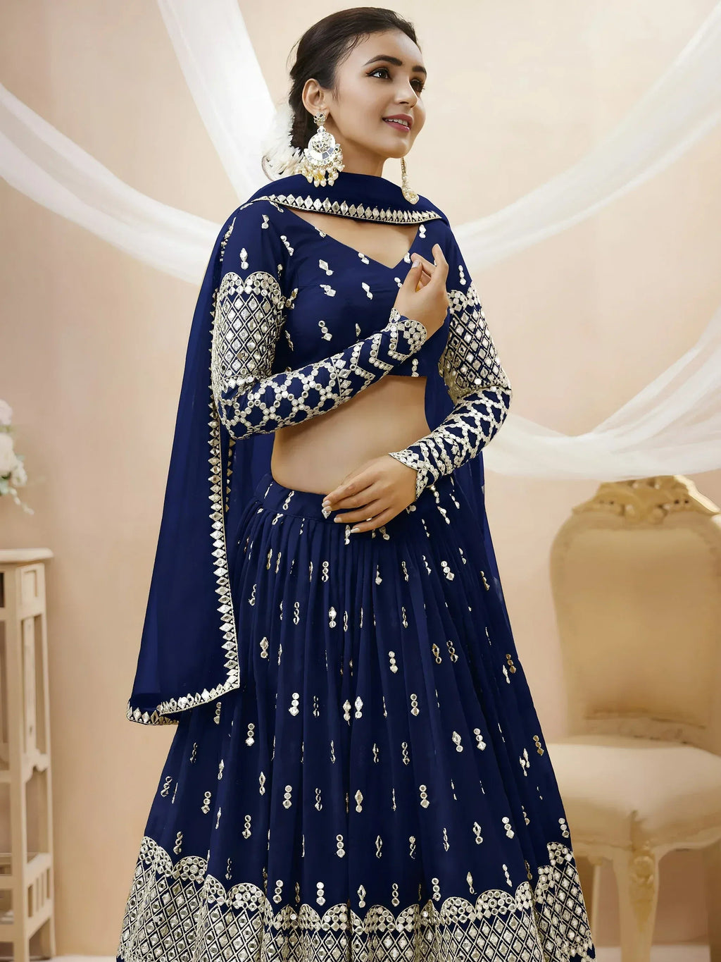 Tulsi Art Appealing Navy Blue Sequin Georgette Reception Wear Lehenga Choli | Grocsy