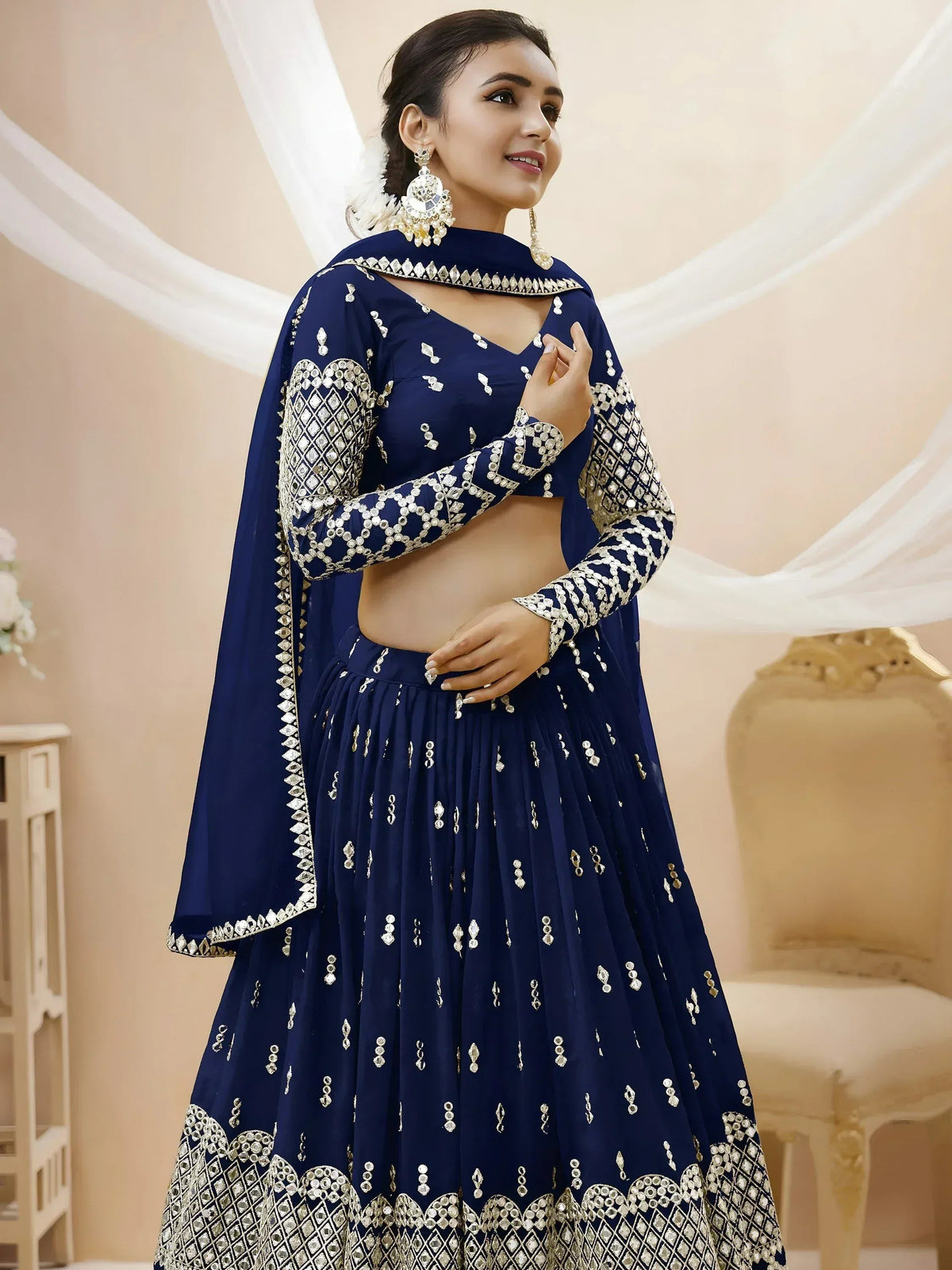 Tulsi Art Appealing Navy Blue Sequin Georgette Reception Wear Lehenga Choli | Grocsy