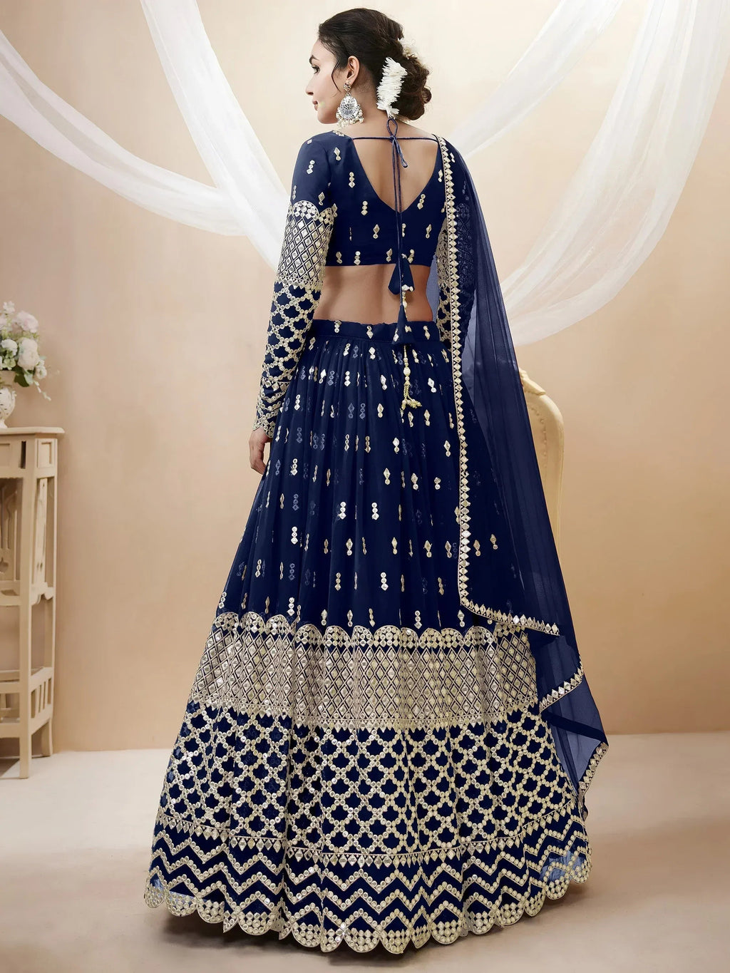 Tulsi Art Appealing Navy Blue Sequin Georgette Reception Wear Lehenga Choli | Grocsy