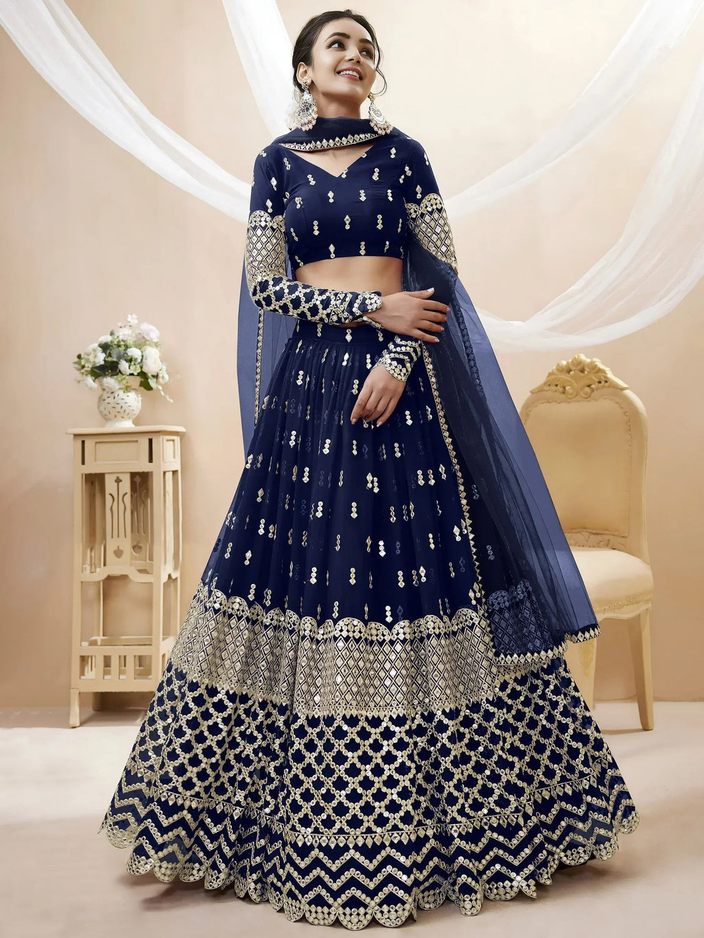 Tulsi Art Appealing Navy Blue Sequin Georgette Reception Wear Lehenga Choli | Grocsy
