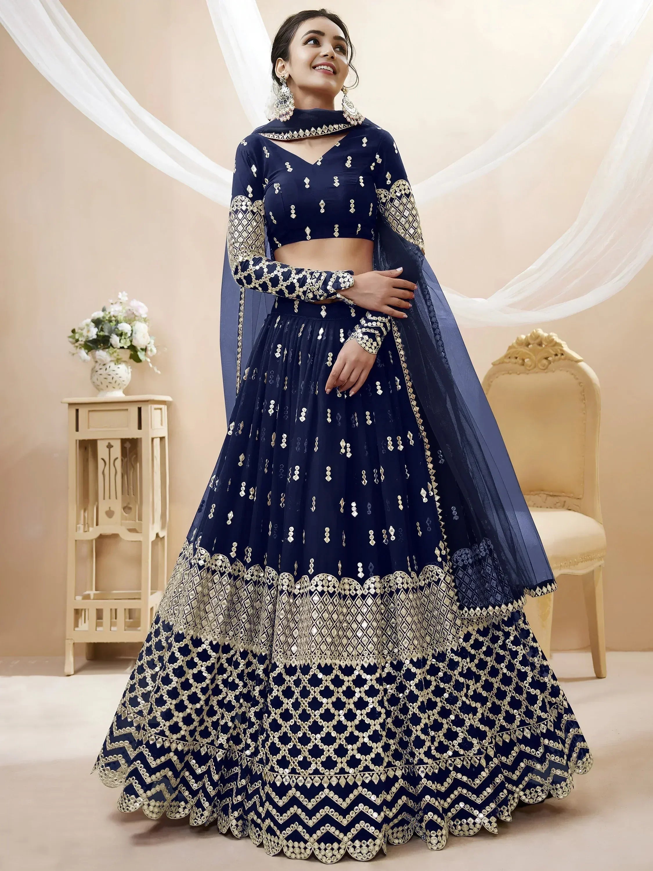 Tulsi Art Appealing Navy Blue Sequin Georgette Reception Wear Lehenga Choli | Grocsy