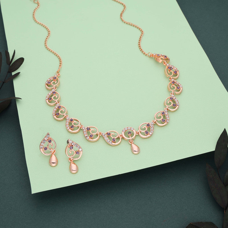 Tehzeeb Creations Brass Rose Gold-Polished Lavender Colour Necklace With Earrings | Grocsy