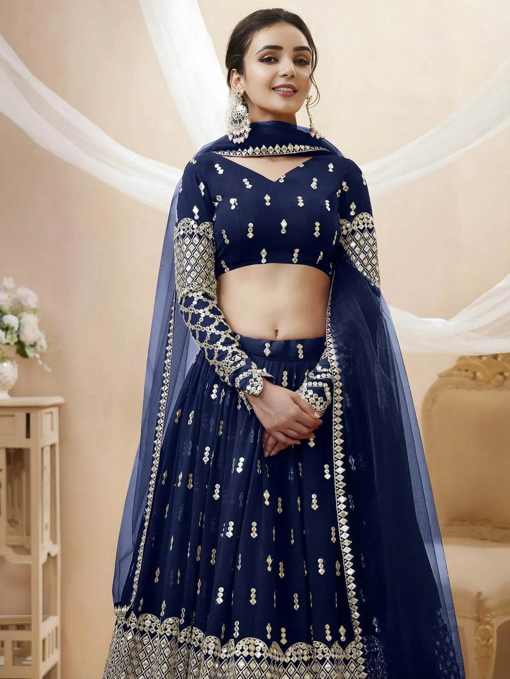 Tulsi Art Appealing Navy Blue Sequin Georgette Reception Wear Lehenga Choli | Grocsy