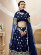 Tulsi Art Appealing Navy Blue Sequin Georgette Reception Wear Lehenga Choli | Grocsy