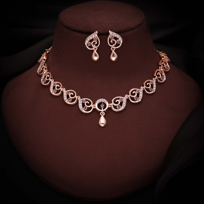 Tehzeeb Creations Brass Rose Gold-Polished Lavender Colour Necklace With Earrings | Grocsy