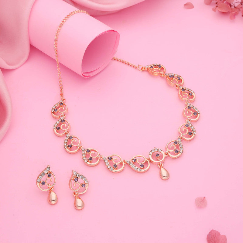 Tehzeeb Creations Brass Rose Gold-Polished Lavender Colour Necklace With Earrings | Grocsy