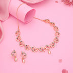 Tehzeeb Creations Brass Rose Gold-Polished Lavender Colour Necklace With Earrings | Grocsy