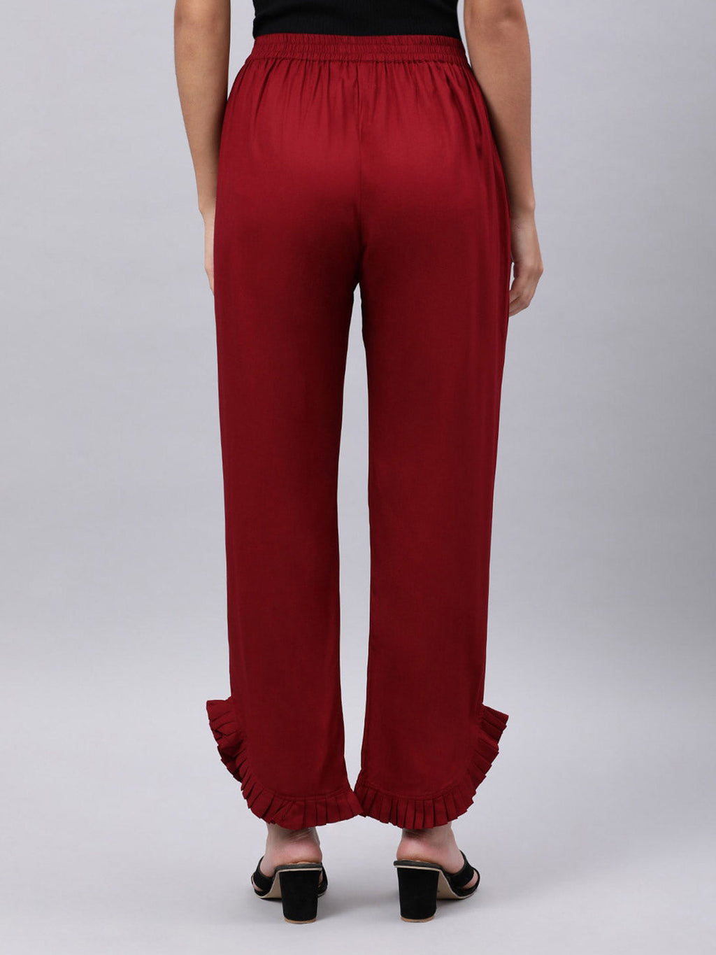 Souchii Women Maroon Solid Pleated Ruffled Liva Palazzos | Grocsy
