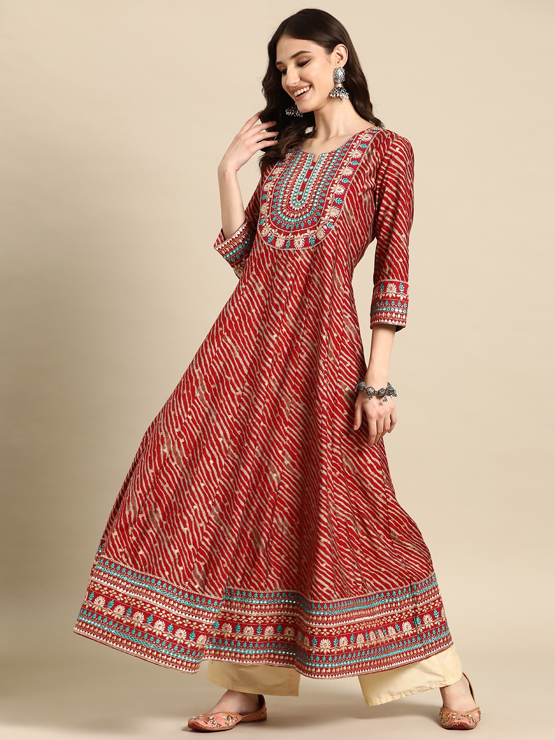 Sangria Women Floral Embroidered Mirror Work Anarkali Kurta | Grocsy